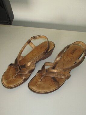 Born Womens Bronze Leather Strappy Slingback Wedge Sandal - Size 8M